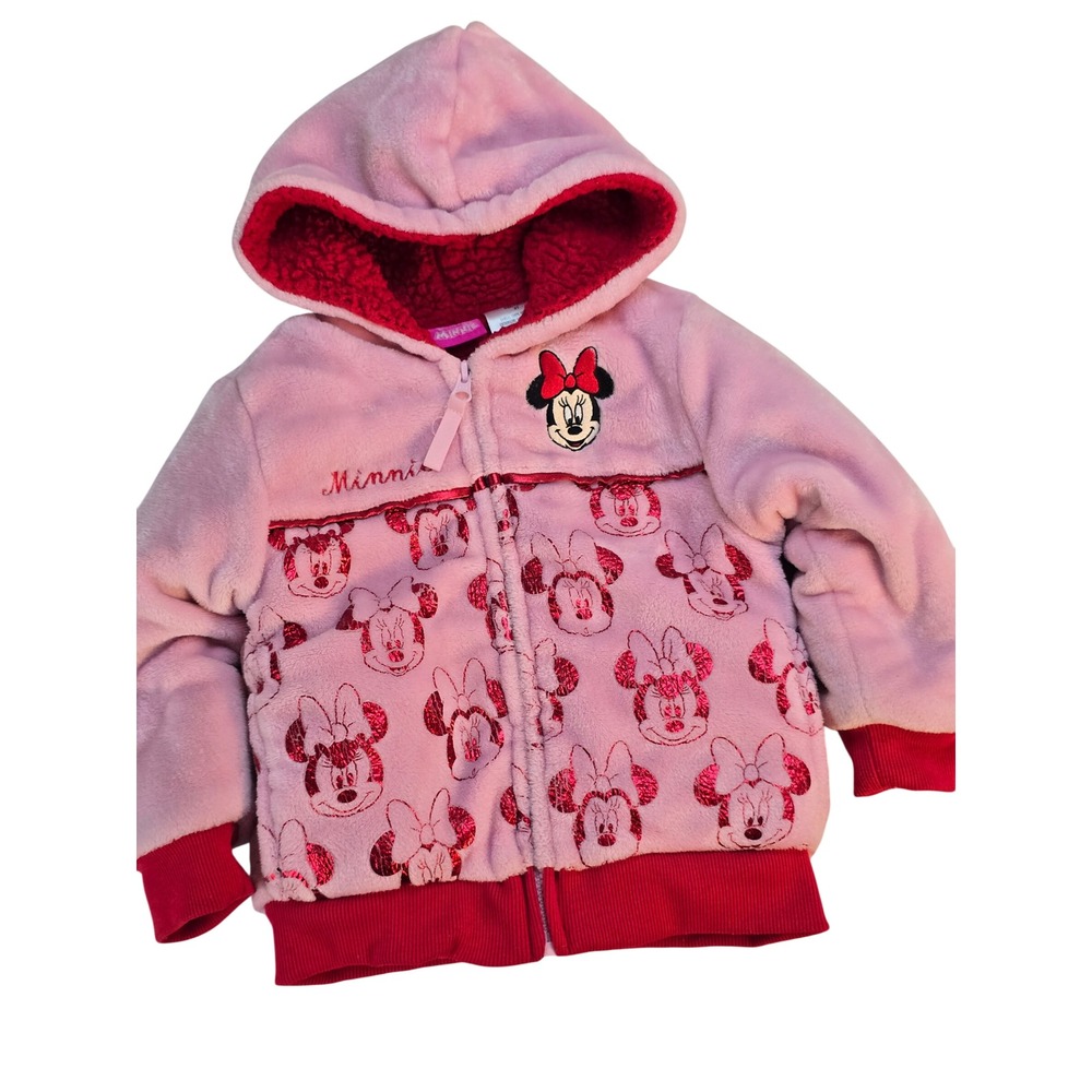 Disney Minnie Mouse Girls 3T Pink Fleece Sherpa Lined Full Zip Hoodie Jacket